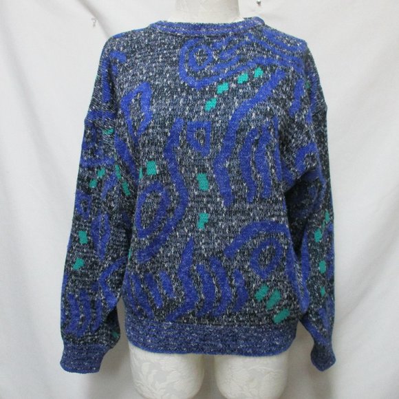 Men's Blue and Green Patterned Crewneck Sweater - Picture 1 of 12